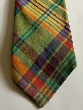 Men's Vintage 80s Rooster Madras Neck Tie Preppy Hand Woven Ivy League Summer